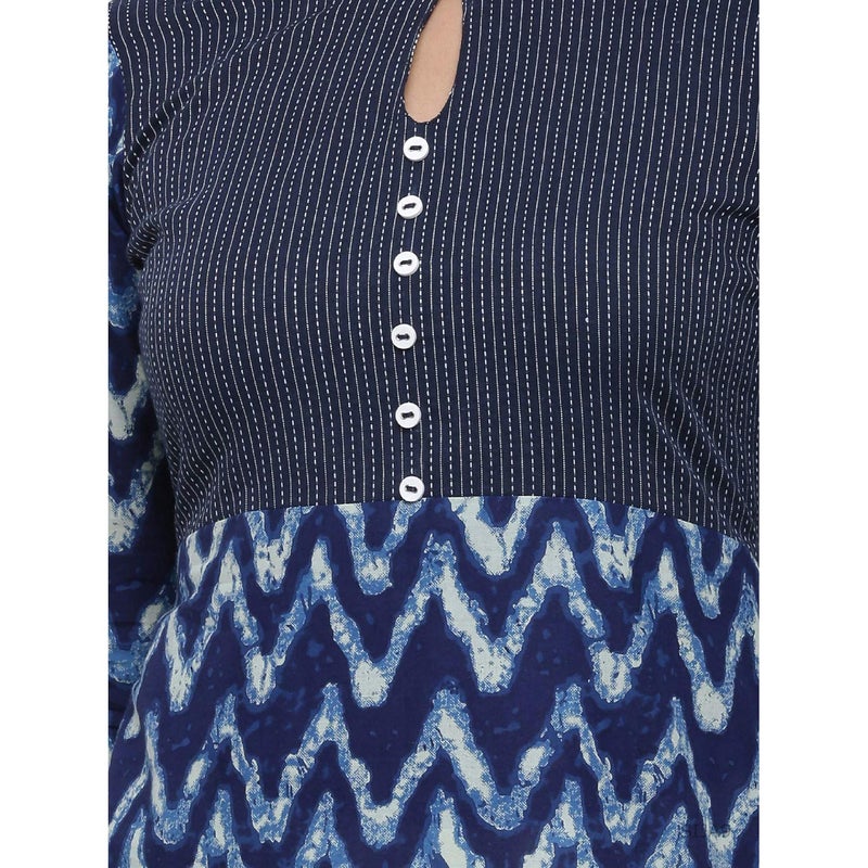 Yash Gallery Women's Cotton Chevron Kantha A-line Indian Calf Length 3/4 Sleeves Kurtis Dresses (Blue) - Image 5